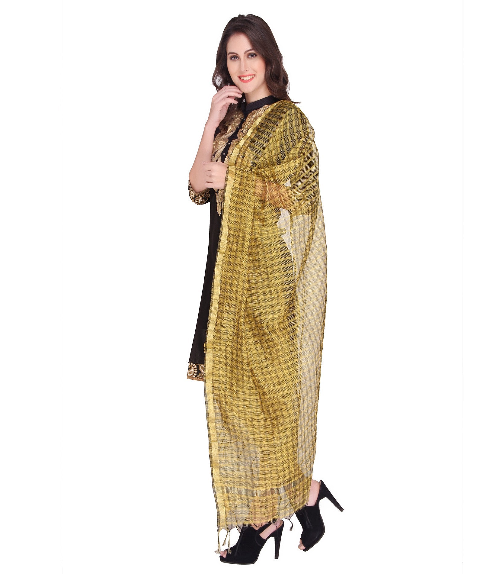 Gold Silk Checkered Dupatta - Dupatta Bazaar