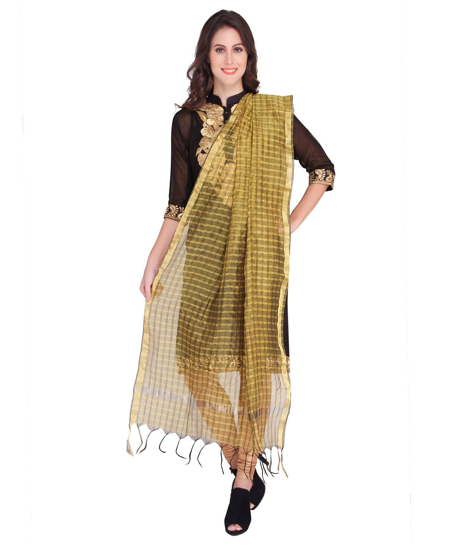 Gold Silk Checkered Dupatta - Dupatta Bazaar