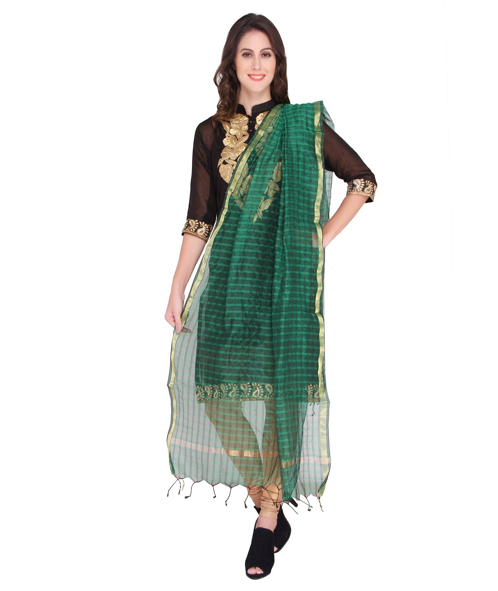Green Silk Checkered Dupatta - Dupatta Bazaar