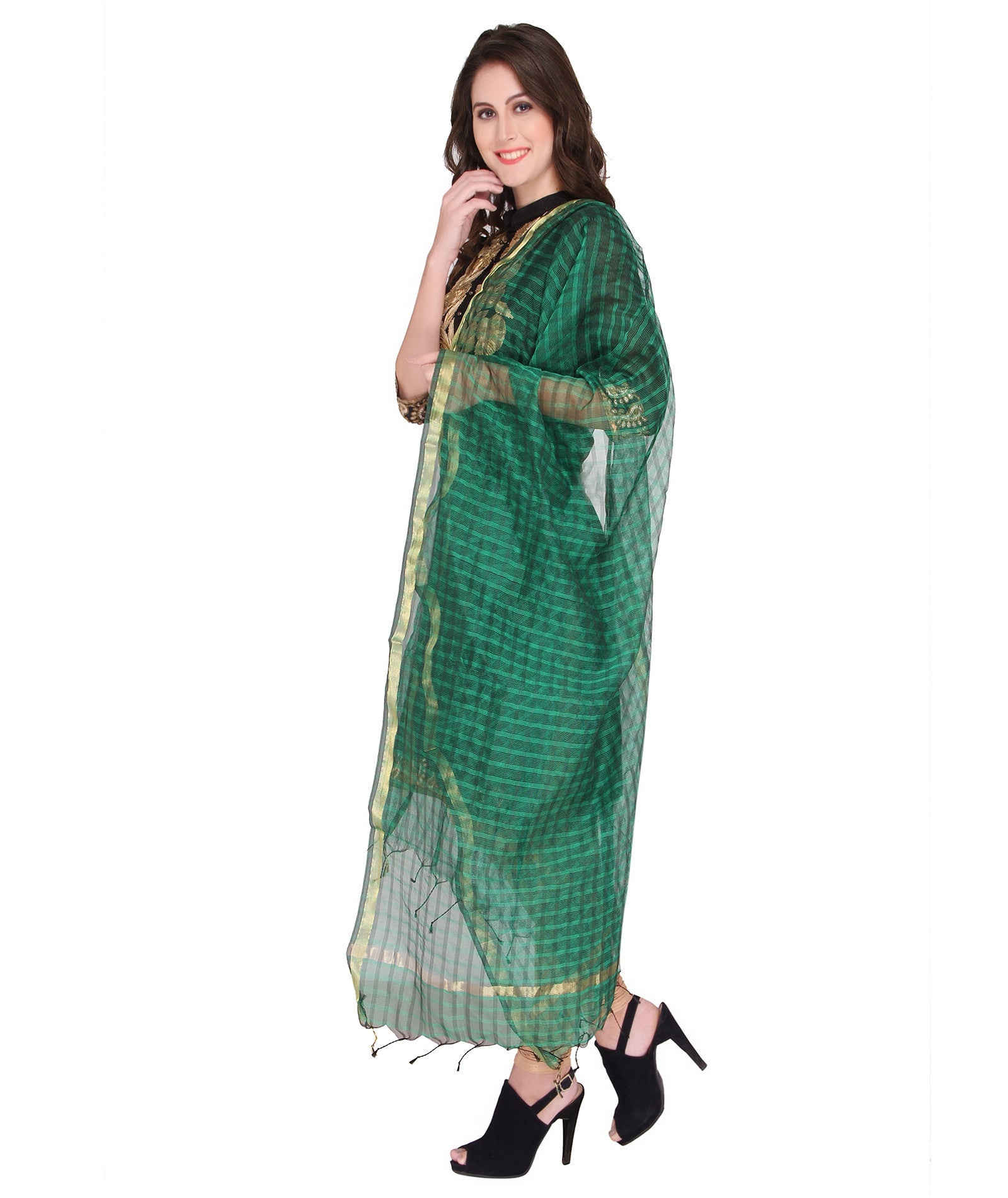 Green Silk Checkered Dupatta - Dupatta Bazaar