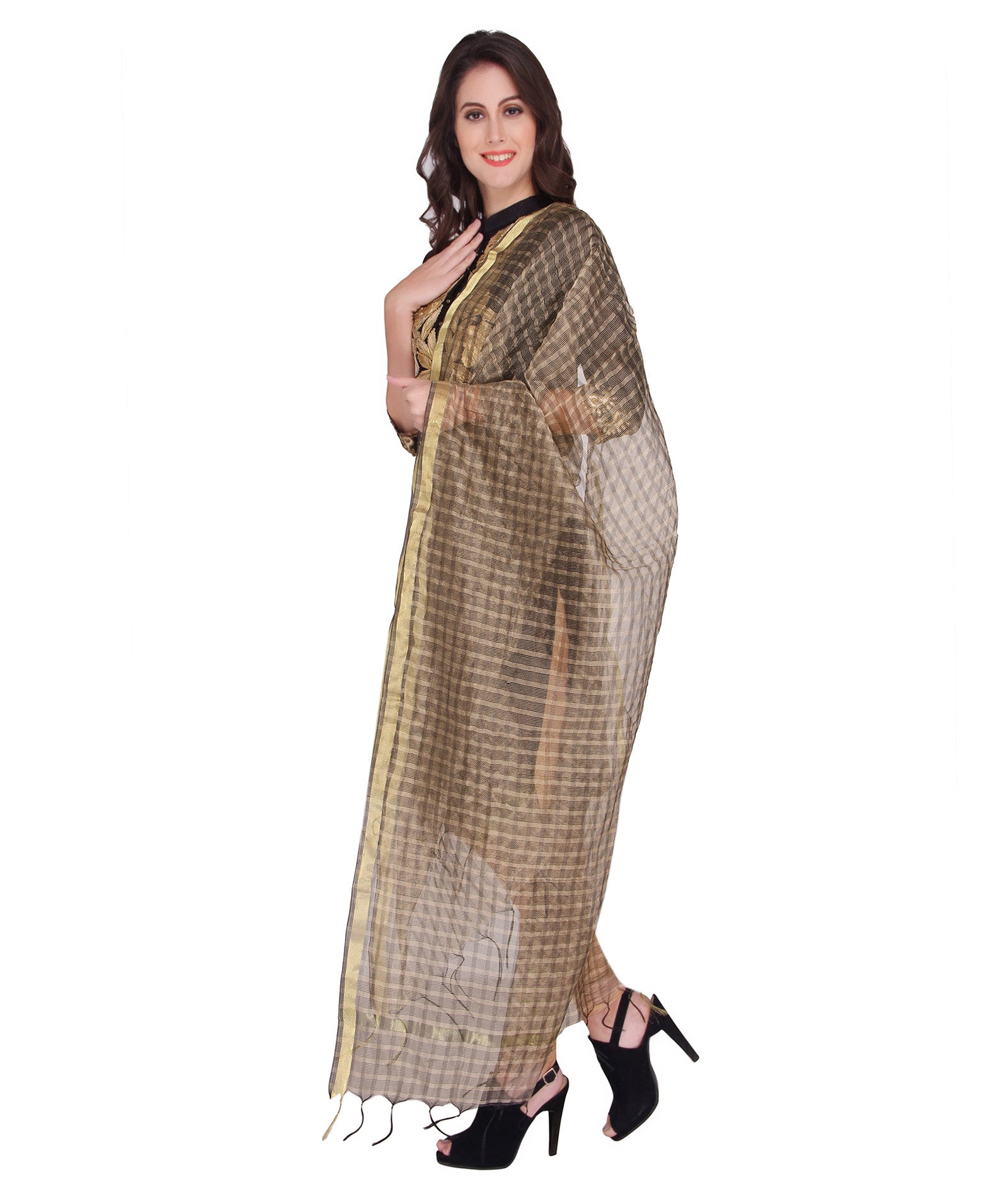 Beige Silk Checkered Dupatta - Dupatta Bazaar
