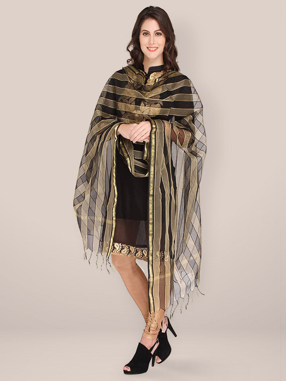Gold Silk Blend Striped Dupatta freeshipping - Dupatta Bazaar