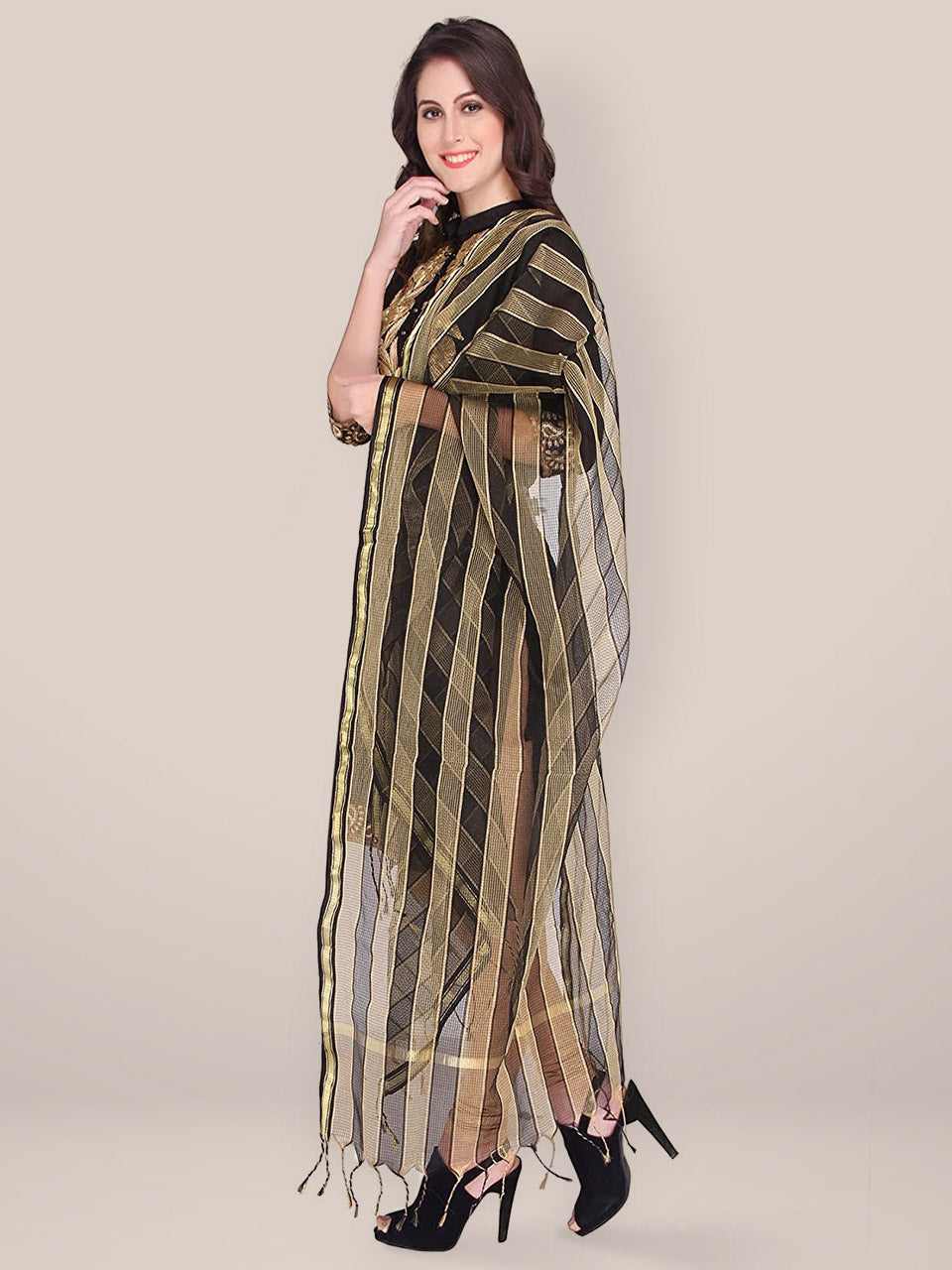 Gold Silk Blend Striped Dupatta freeshipping - Dupatta Bazaar