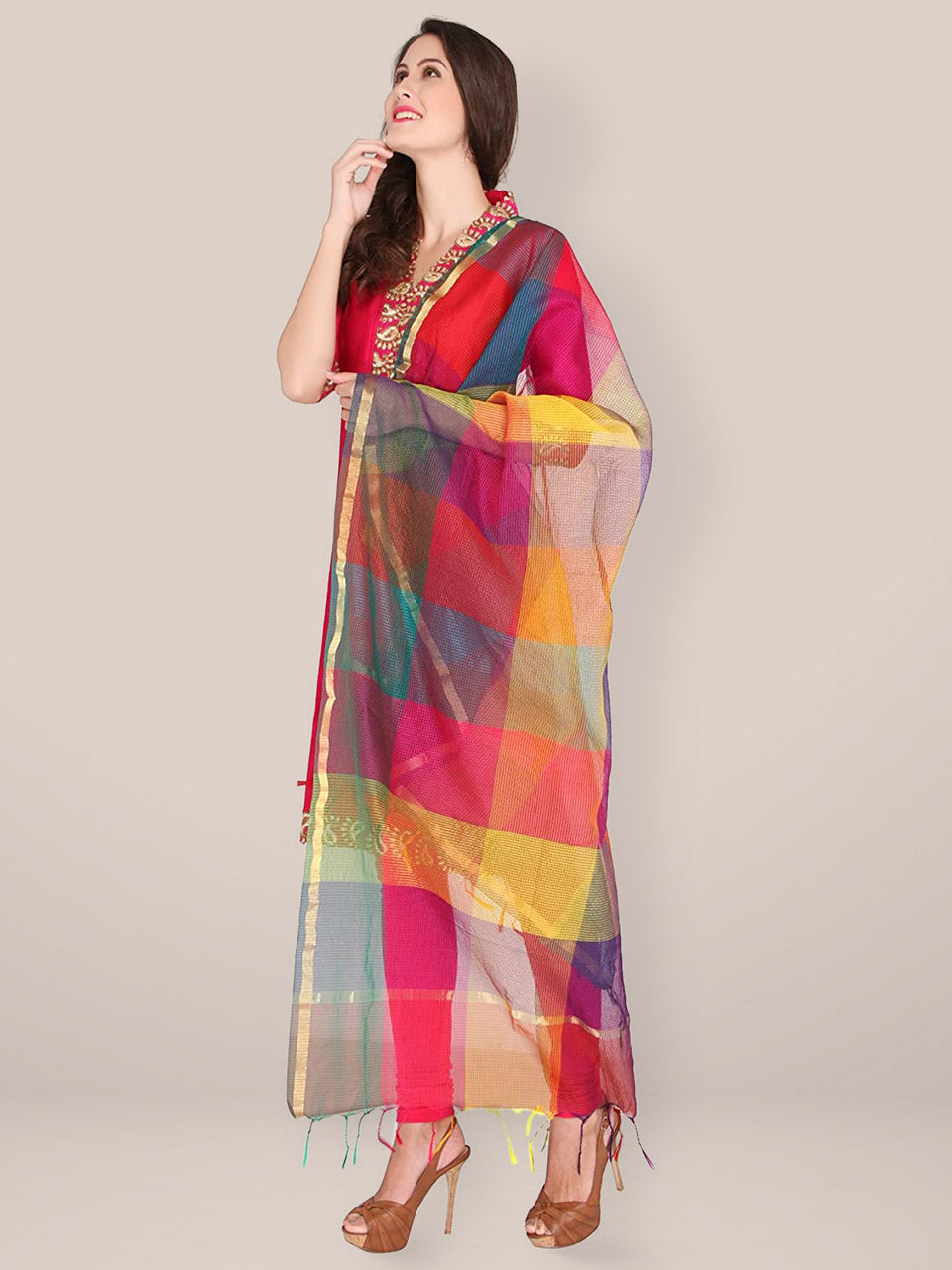 Multi Colour Checkered Blended Silk Dupatta freeshipping - Dupatta Bazaar