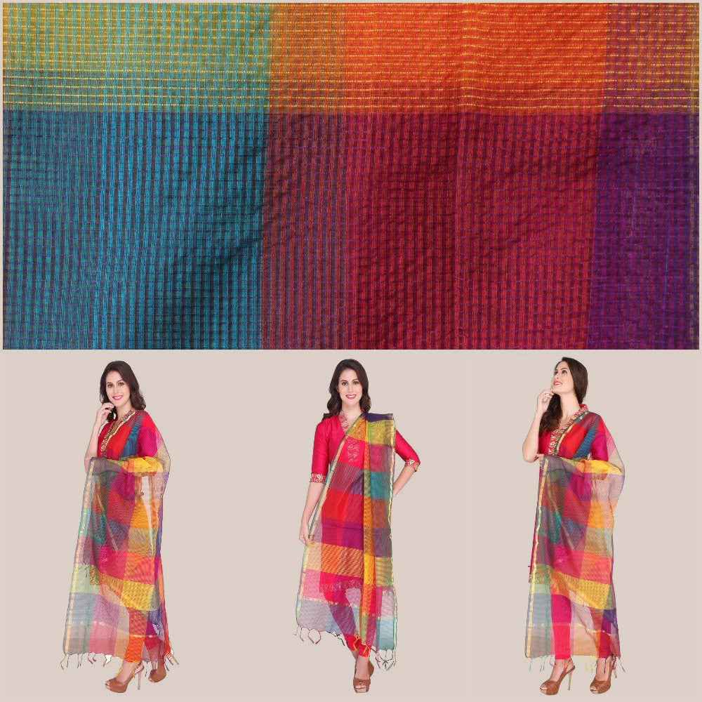 Multi Colour Checkered Blended Silk Dupatta freeshipping - Dupatta Bazaar