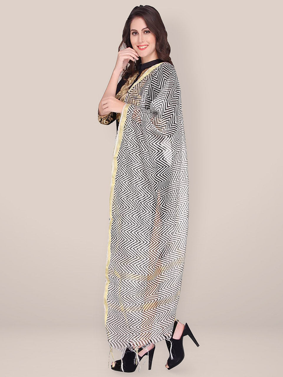Black & White Blended Silk Printed Dupatta freeshipping - Dupatta Bazaar