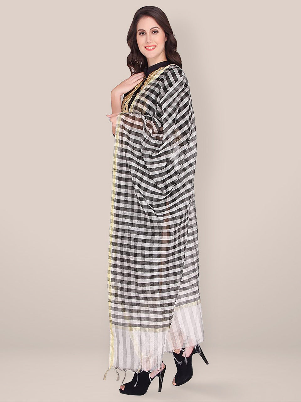 Black & White Checkered Silk Dupatta freeshipping - Dupatta Bazaar