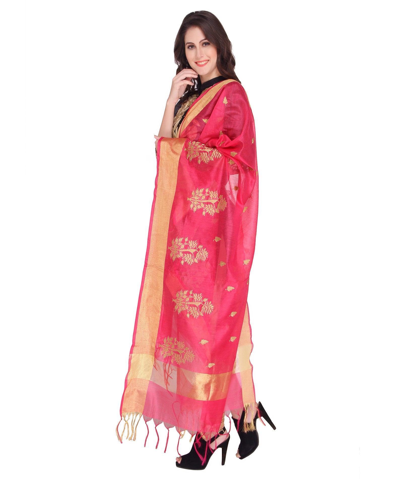 Pink Embroidered Silk Dupatta - Dupatta Bazaar