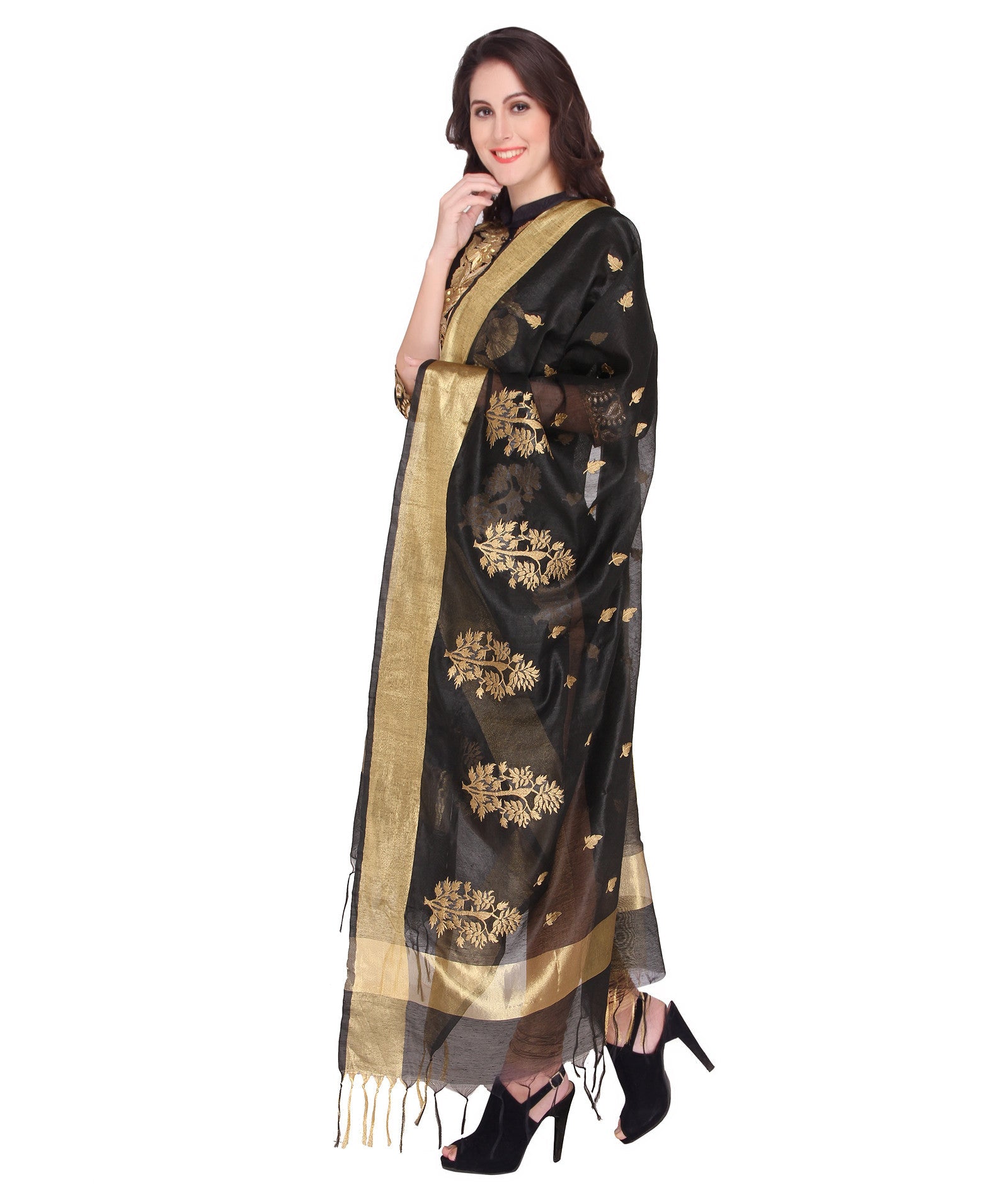 Black & Gold Silk Embroidery  Dupatta - Dupatta Bazaar