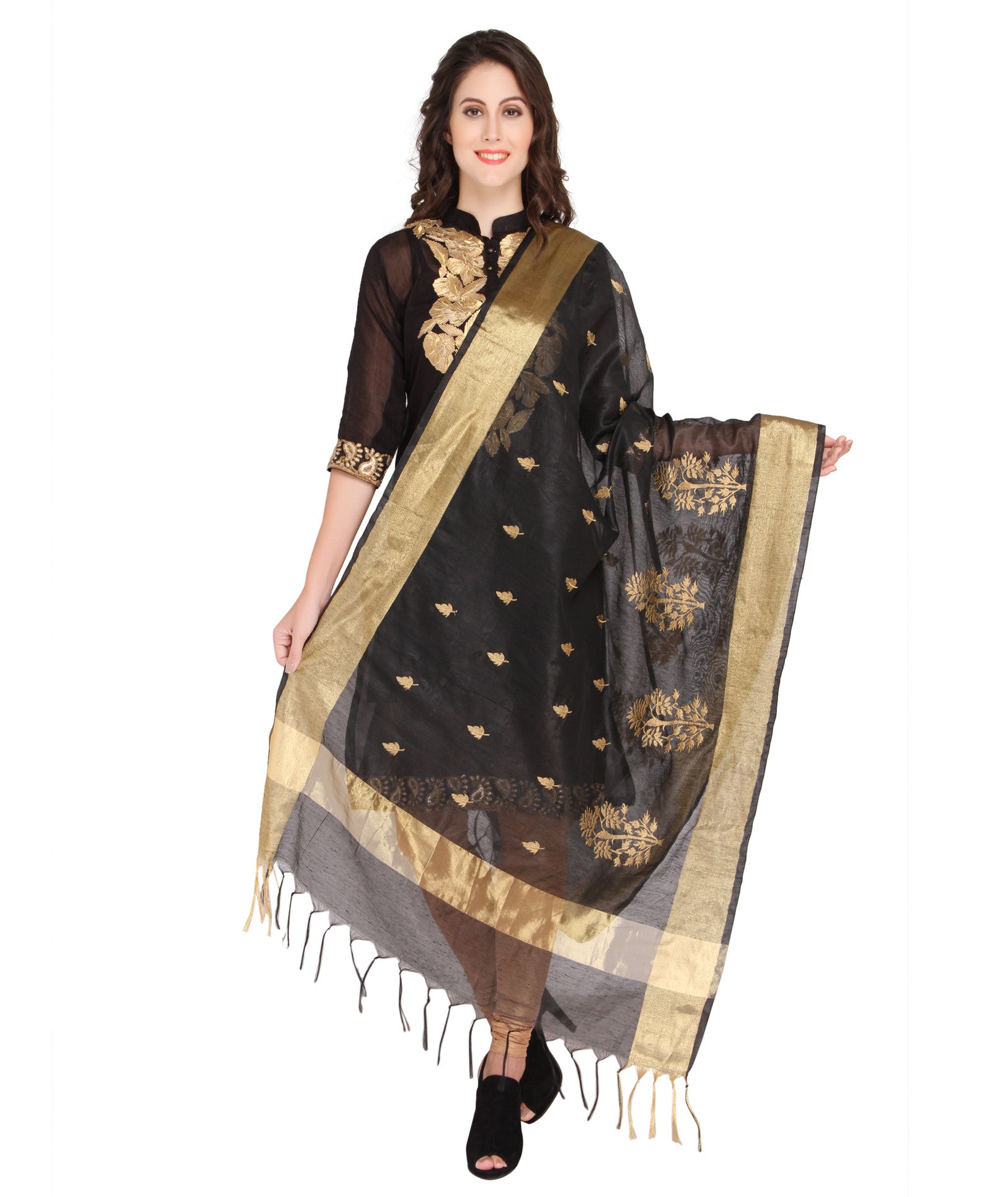 Black & Gold Silk Embroidery  Dupatta - Dupatta Bazaar