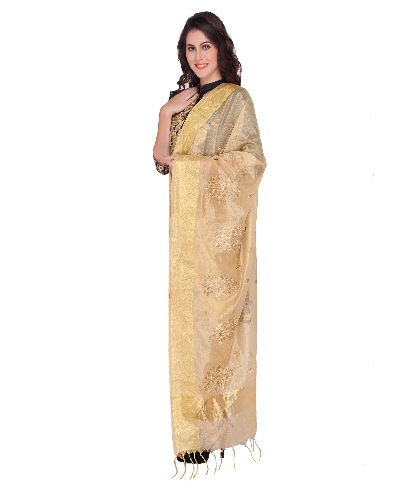 Beige Gold Embroidery Silk Dupatta - Dupatta Bazaar