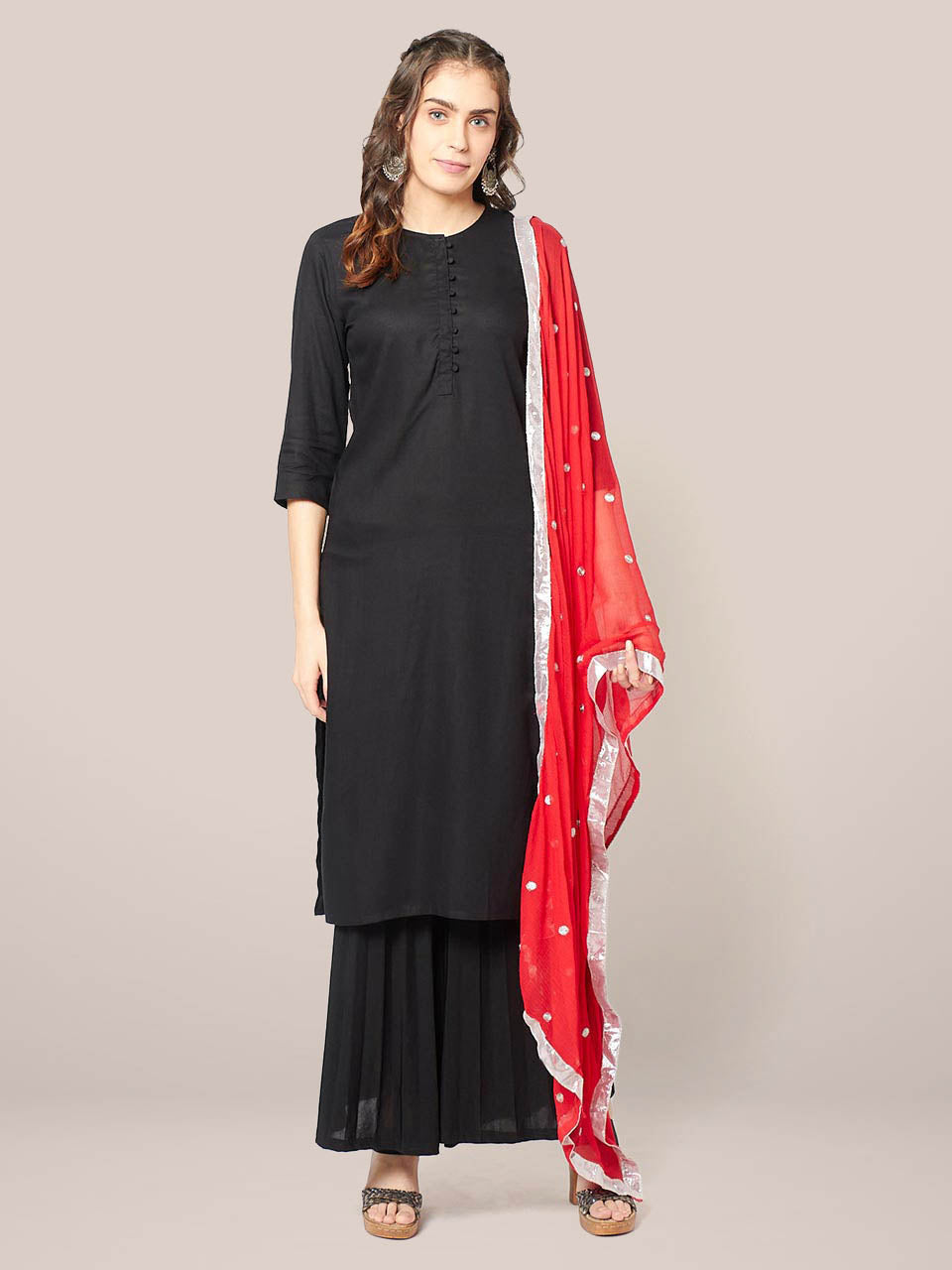 Red Chiffon Dupatta with Silver Embroidery freeshipping - Dupatta Bazaar