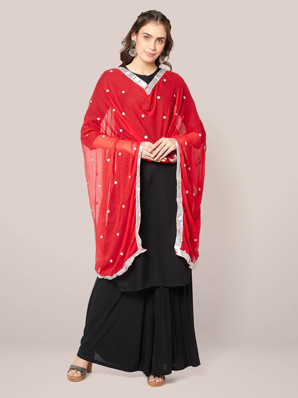 Red Chiffon Dupatta with Silver Embroidery freeshipping - Dupatta Bazaar