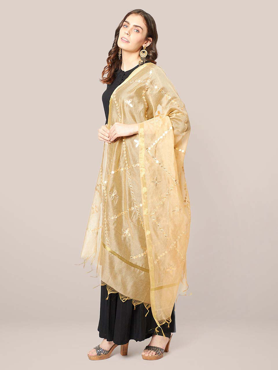 Dupatta Bazaar Woman's Gold Blended Silk Dupatta with Gotta Patti Work freeshipping - Dupatta Bazaar