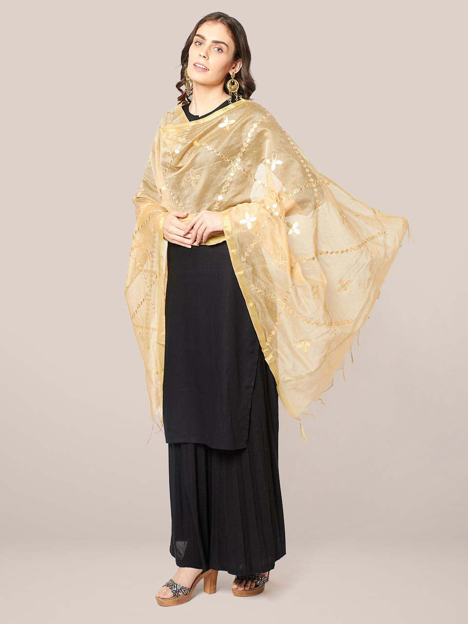 Dupatta Bazaar Woman's Gold Blended Silk Dupatta with Gotta Patti Work freeshipping - Dupatta Bazaar