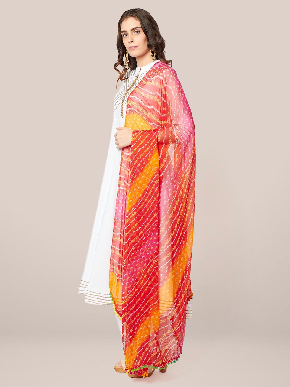 Multicoloured Bandhini Printed chiffon Dupatta with Pompom freeshipping - Dupatta Bazaar