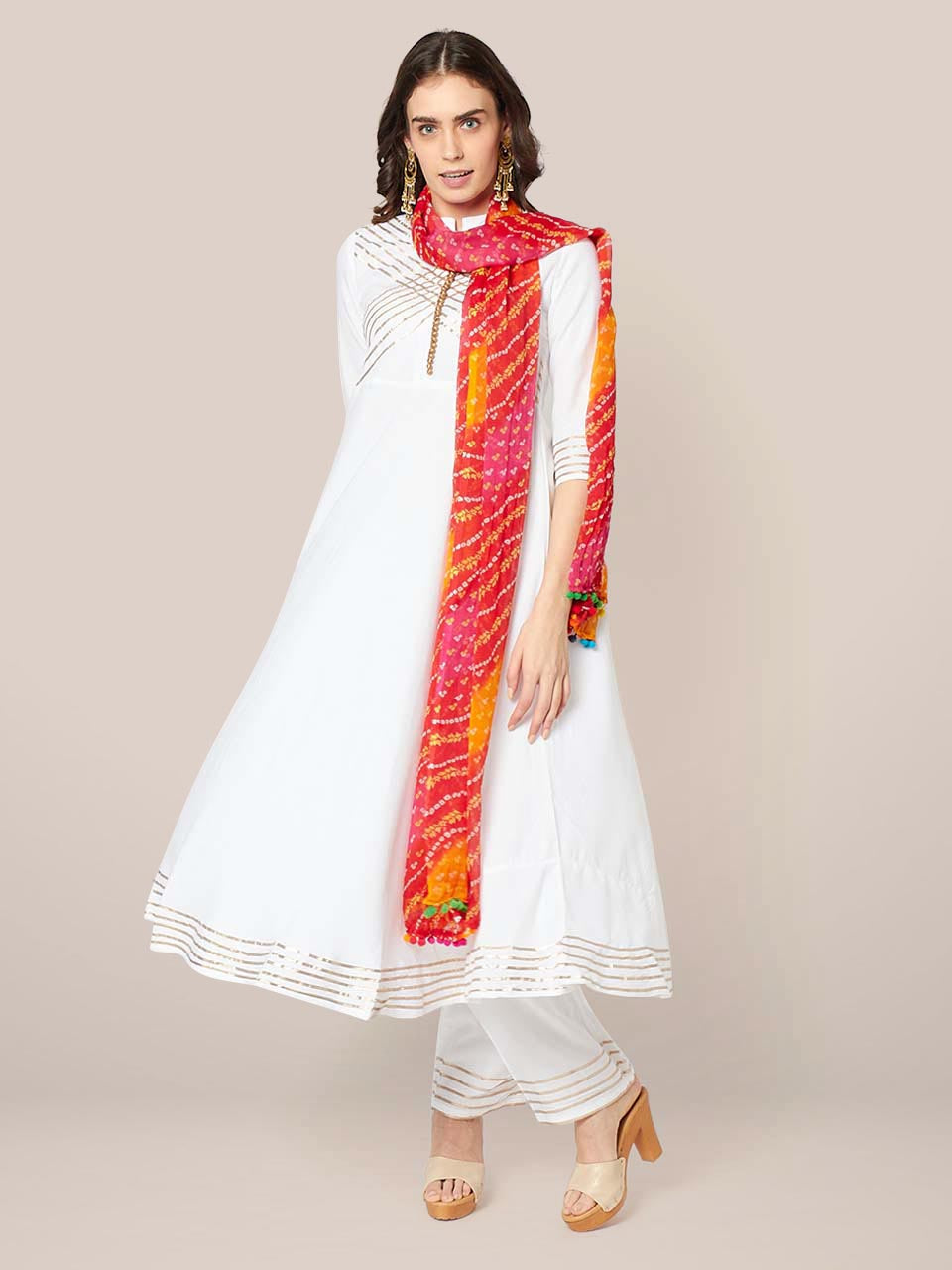 Multicoloured Bandhini Printed chiffon Dupatta with Pompom freeshipping - Dupatta Bazaar