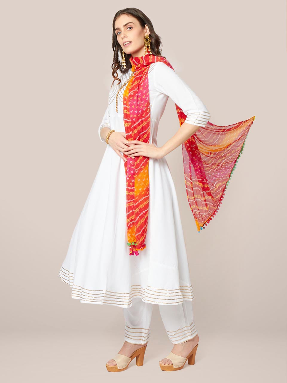 Multicoloured Bandhini Printed chiffon Dupatta with Pompom freeshipping - Dupatta Bazaar