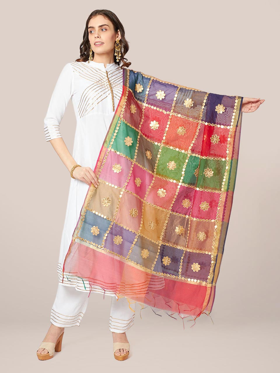 Multicoloured Checkered Silk Blend Dupatta with Gotta Patti Work freeshipping - Dupatta Bazaar