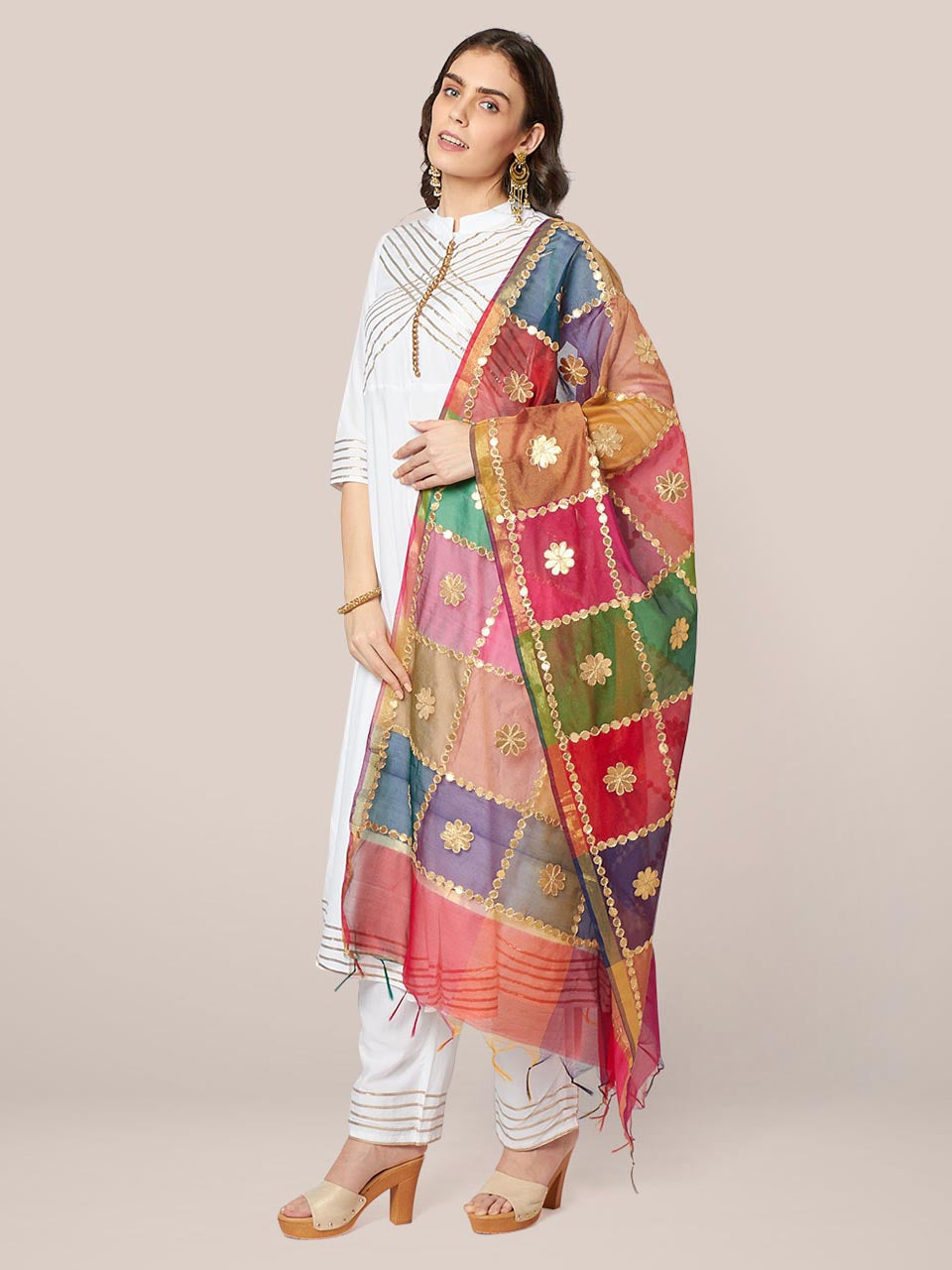 Multicoloured Checkered Silk Blend Dupatta with Gotta Patti Work freeshipping - Dupatta Bazaar