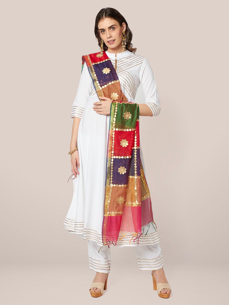 Multicoloured Checkered Silk Blend Dupatta with Gotta Patti Work freeshipping - Dupatta Bazaar