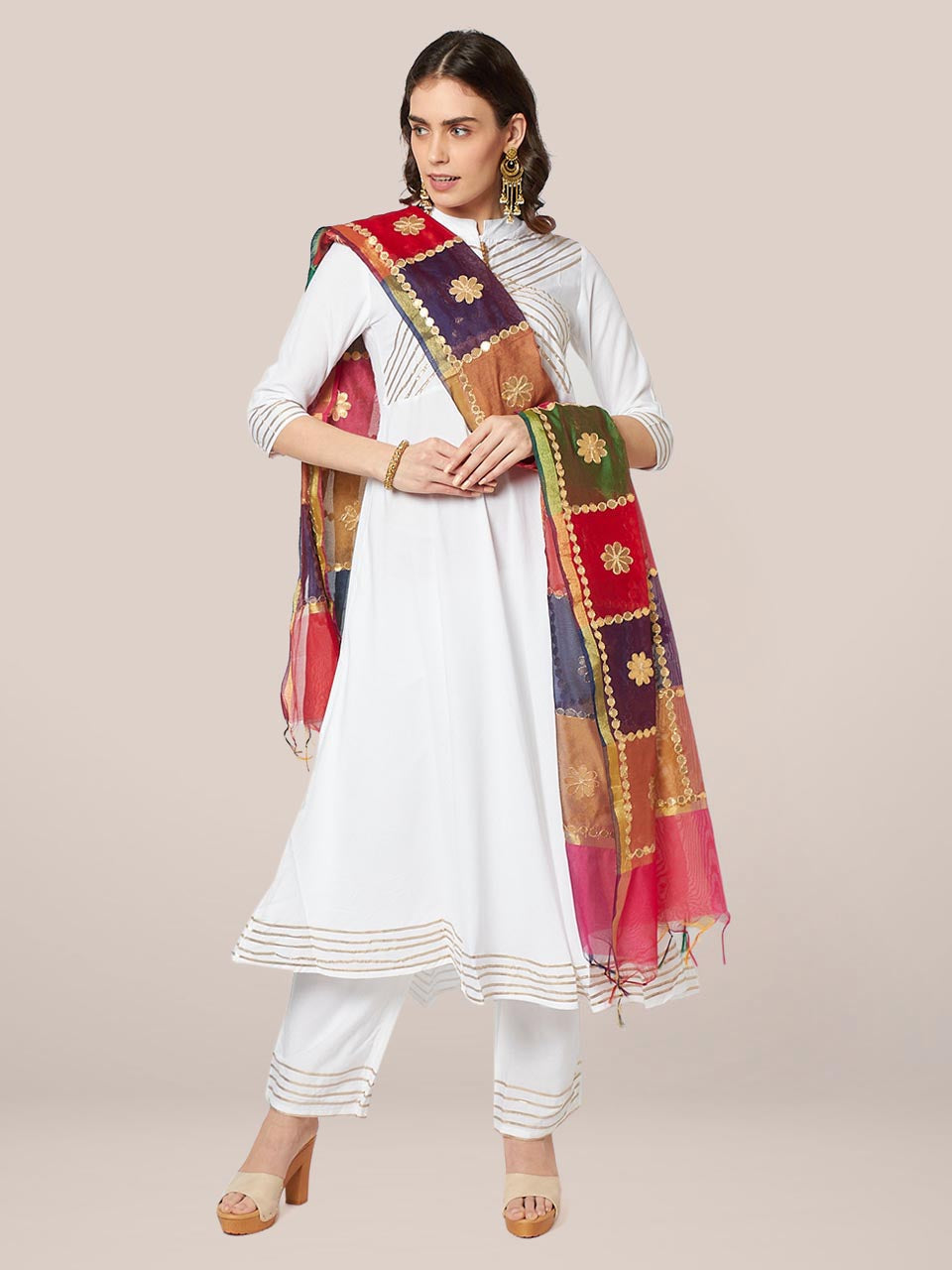 Multicoloured Checkered Silk Blend Dupatta with Gotta Patti Work freeshipping - Dupatta Bazaar