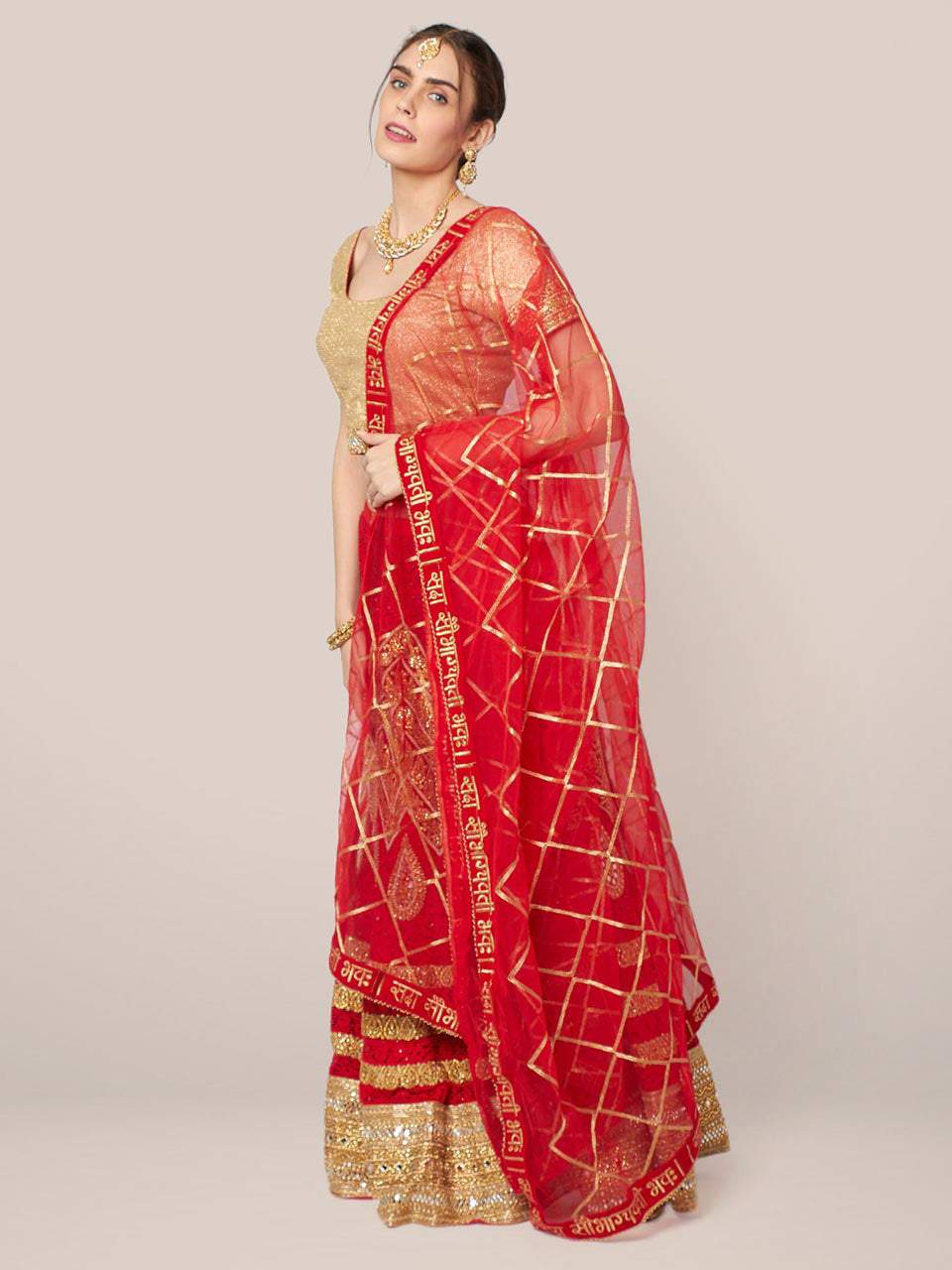 Red Bridal Sada Saubhagyavati Bhav Organza Dupatta freeshipping - Dupatta Bazaar