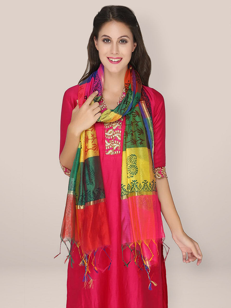 Multicoloured Printed Silk Dupatta freeshipping - Dupatta Bazaar