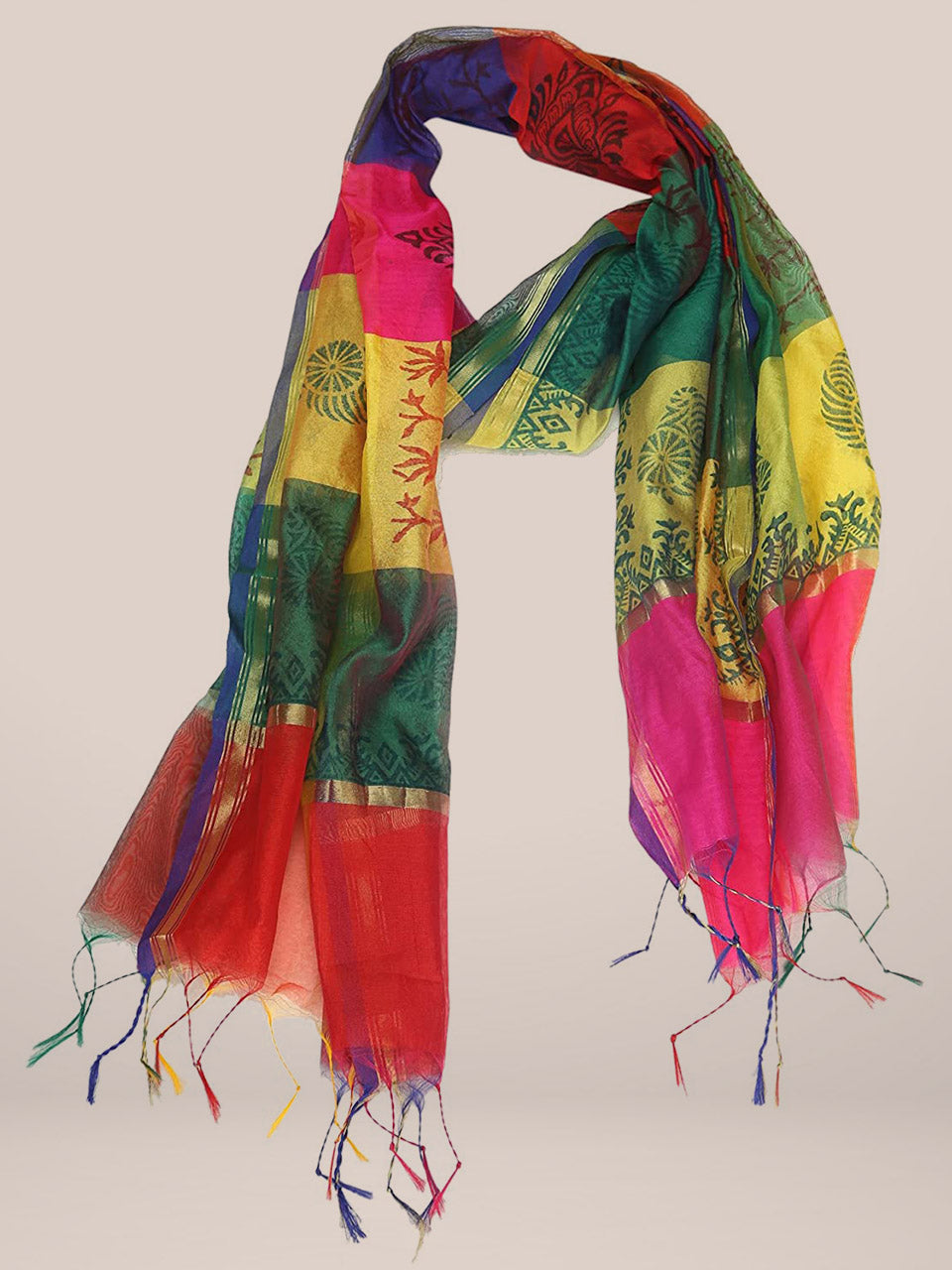 Multicoloured Printed Silk Dupatta freeshipping - Dupatta Bazaar