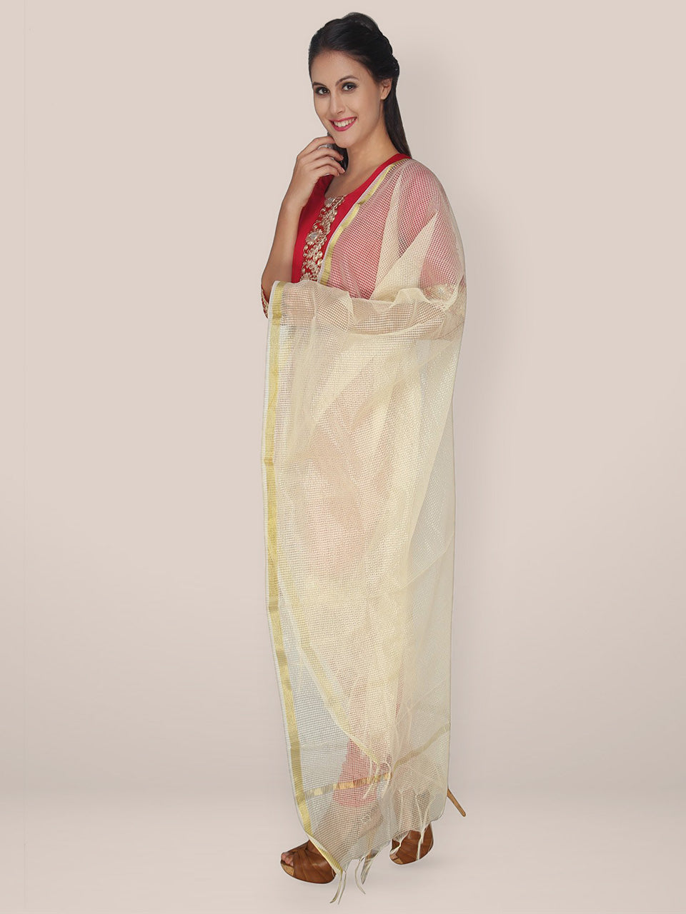 Off White Silk Chekered  Dupatta freeshipping - Dupatta Bazaar