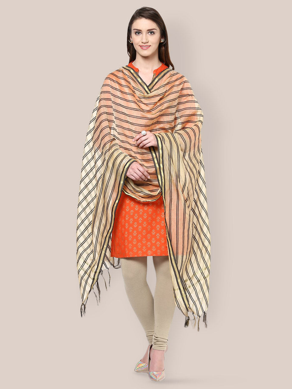 Beige Black Silk Striped Dupatta freeshipping - Dupatta Bazaar