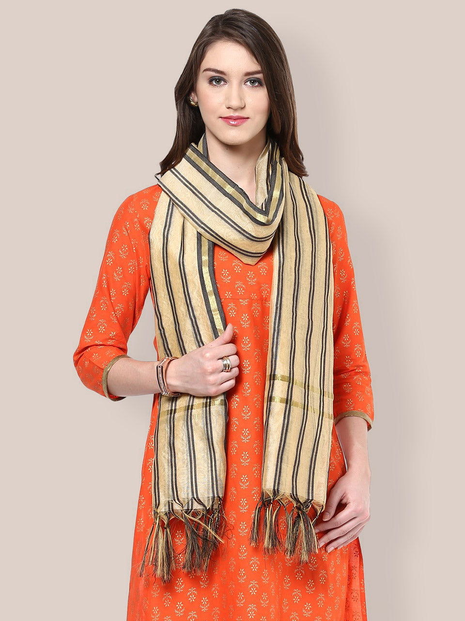 Beige Black Silk Striped Dupatta freeshipping - Dupatta Bazaar