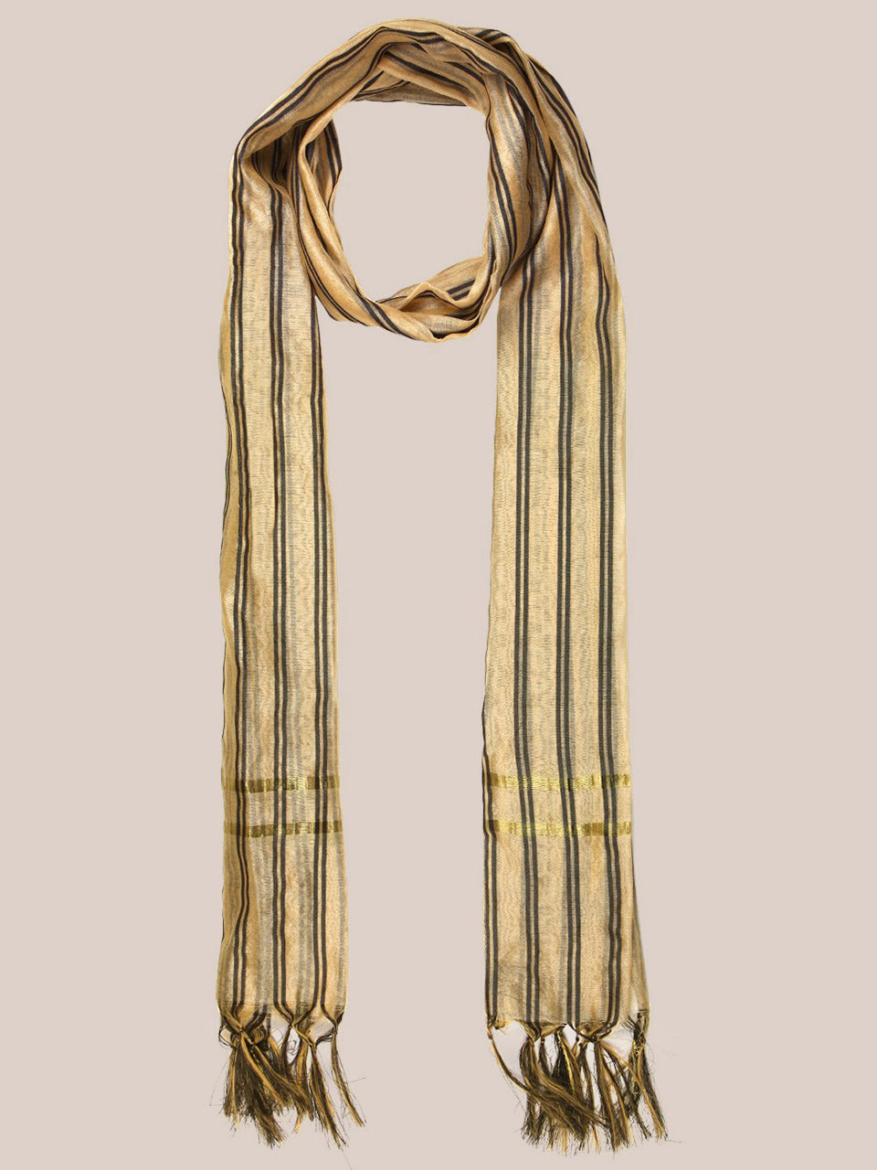 Beige Black Silk Striped Dupatta freeshipping - Dupatta Bazaar