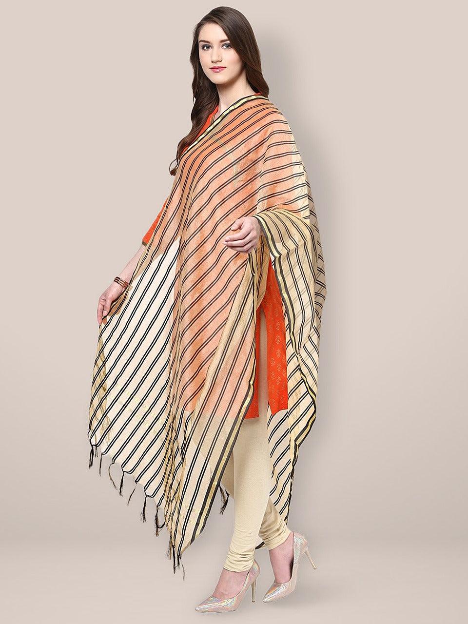Beige Black Silk Striped Dupatta freeshipping - Dupatta Bazaar