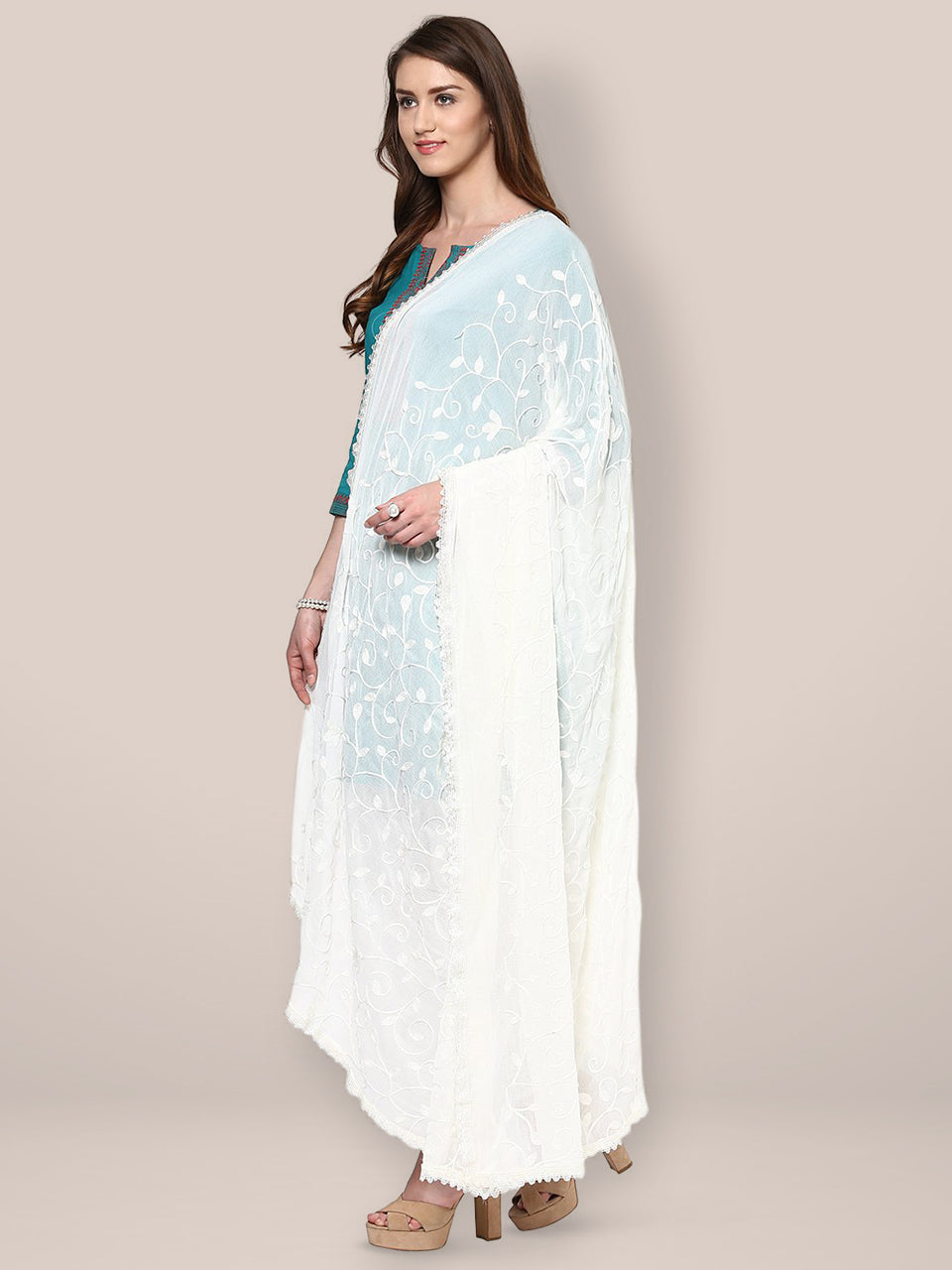 Off White Embroidered Chiffon Dupatta freeshipping - Dupatta Bazaar
