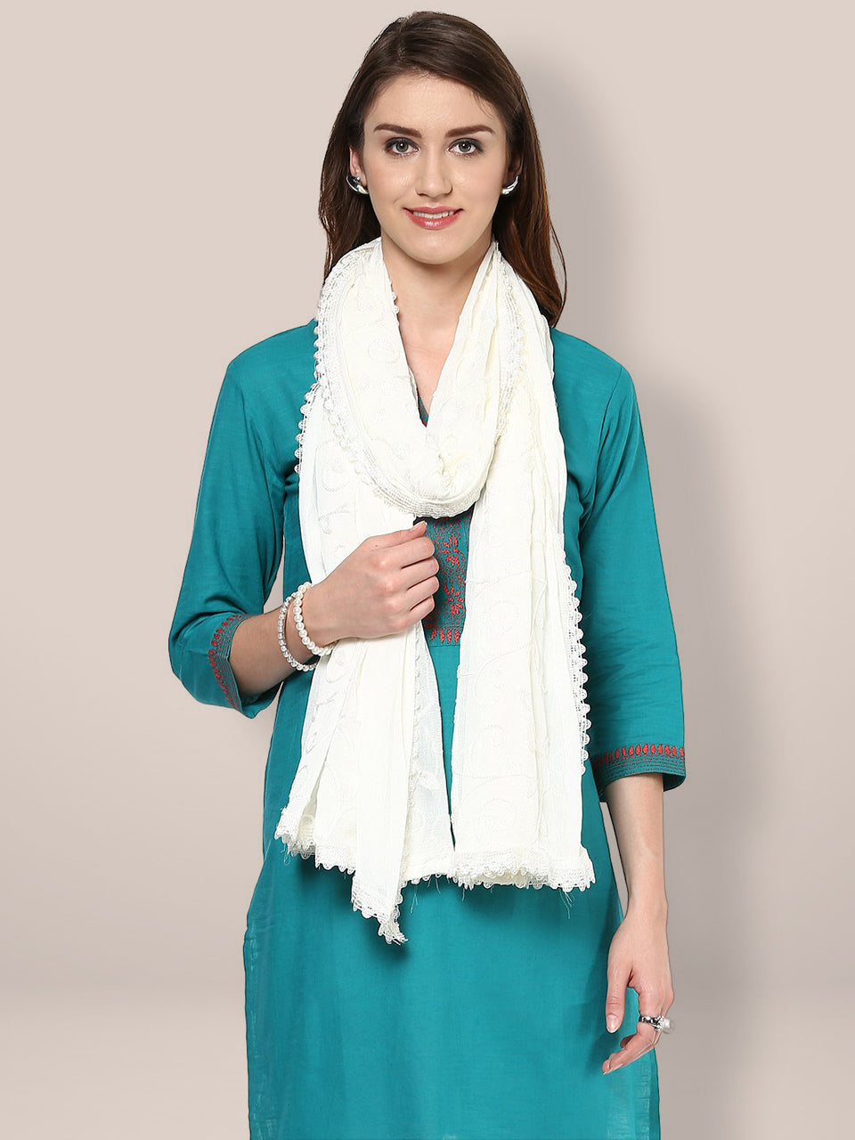 Off White Embroidered Chiffon Dupatta freeshipping - Dupatta Bazaar
