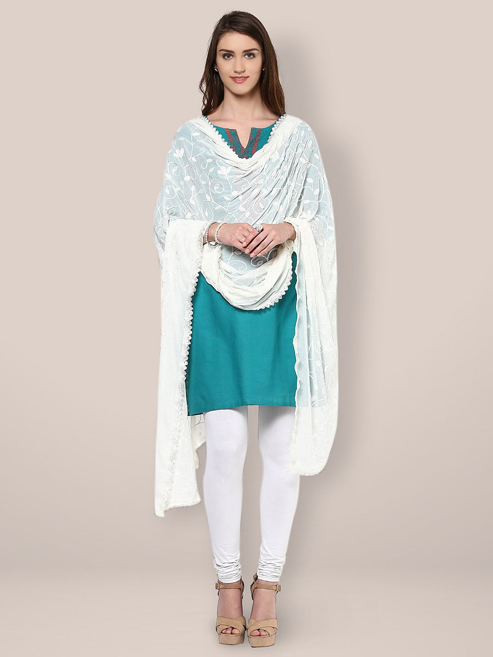 Off White Embroidered Chiffon Dupatta freeshipping - Dupatta Bazaar