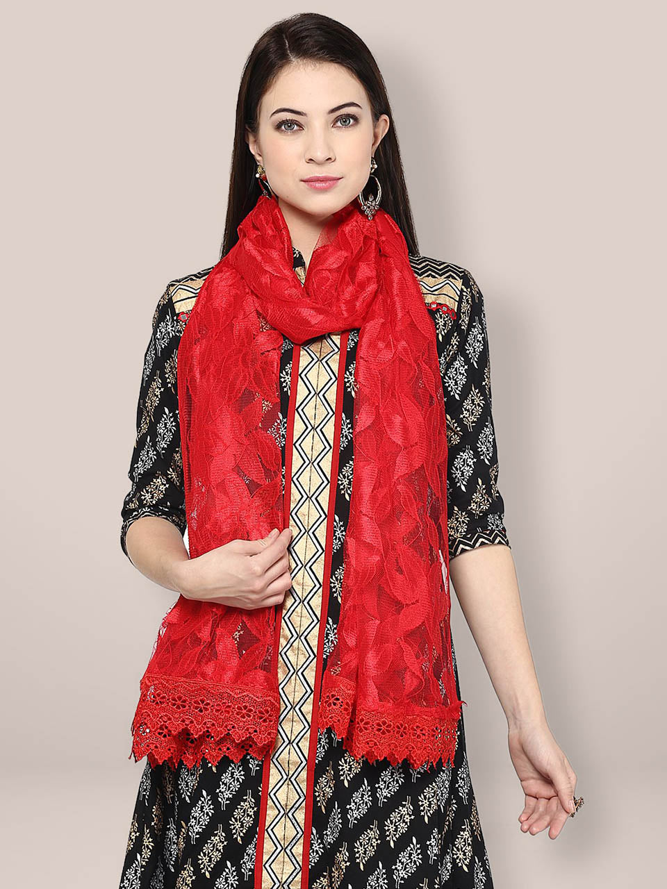 Red Floral Net Dupatta freeshipping - Dupatta Bazaar