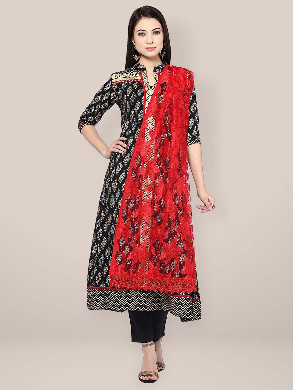 Red Floral Net Dupatta freeshipping - Dupatta Bazaar