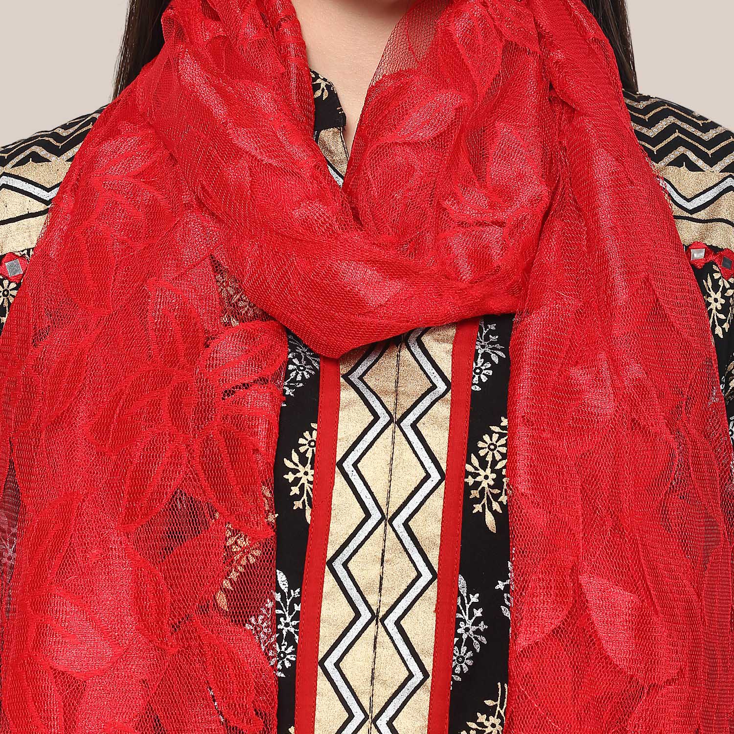 Red Floral Net Dupatta freeshipping - Dupatta Bazaar