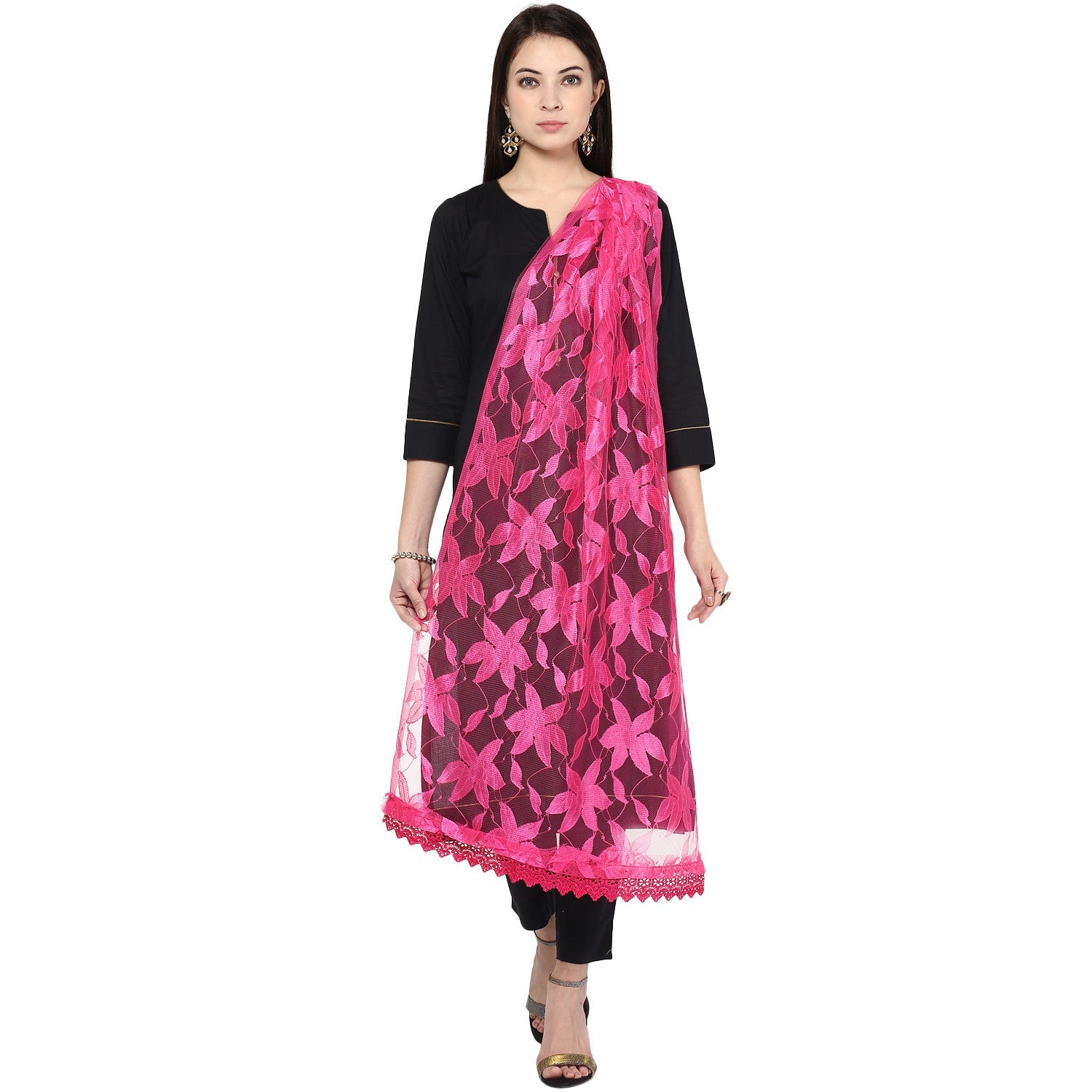 Self Designed Floral Net Dupatta - Dupatta Bazaar
