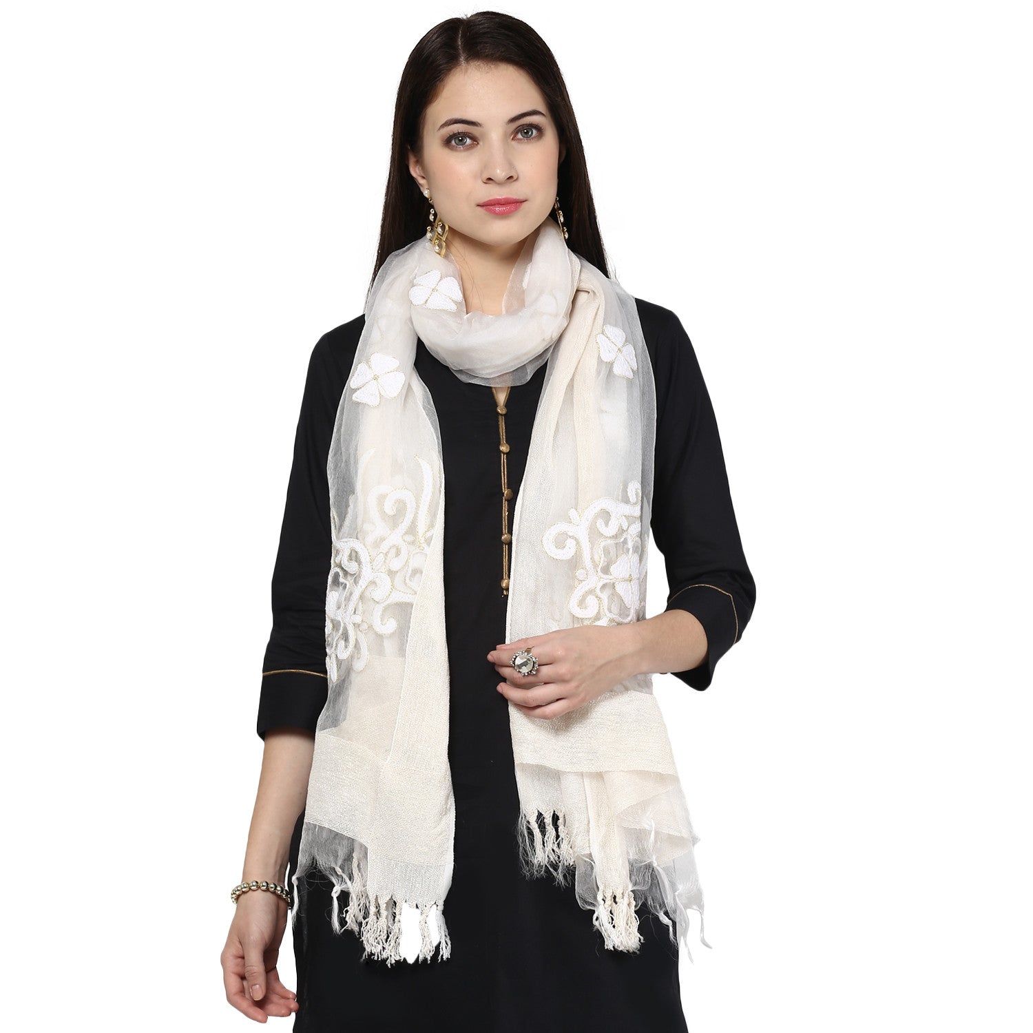 Dupatta Bazaar Women's  White Organza Dupatta With Embroidered Motifs - Dupatta Bazaar