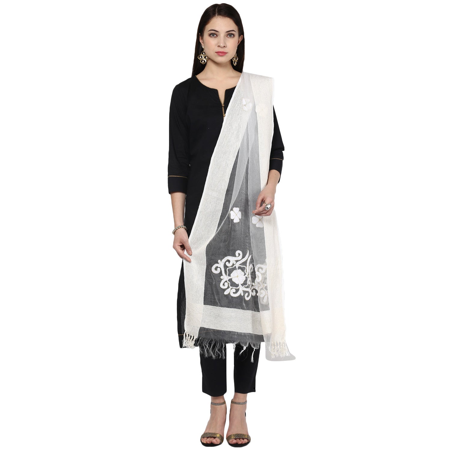 Dupatta Bazaar Women's  White Organza Dupatta With Embroidered Motifs - Dupatta Bazaar