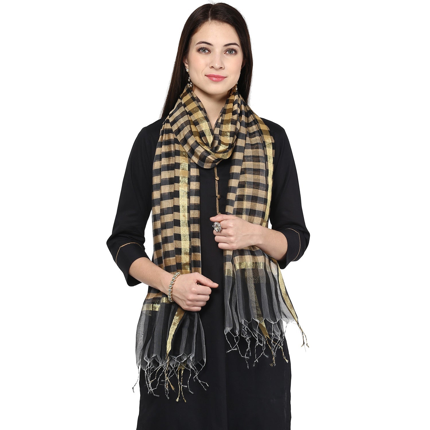 Dupatta Bazaar Women's Checkered Black & Gold Silk Dupatta - Dupatta Bazaar