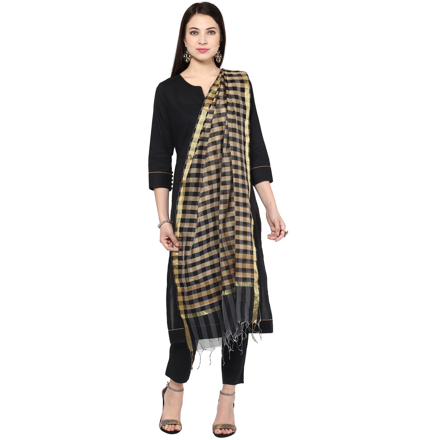 Dupatta Bazaar Women's Checkered Black & Gold Silk Dupatta - Dupatta Bazaar