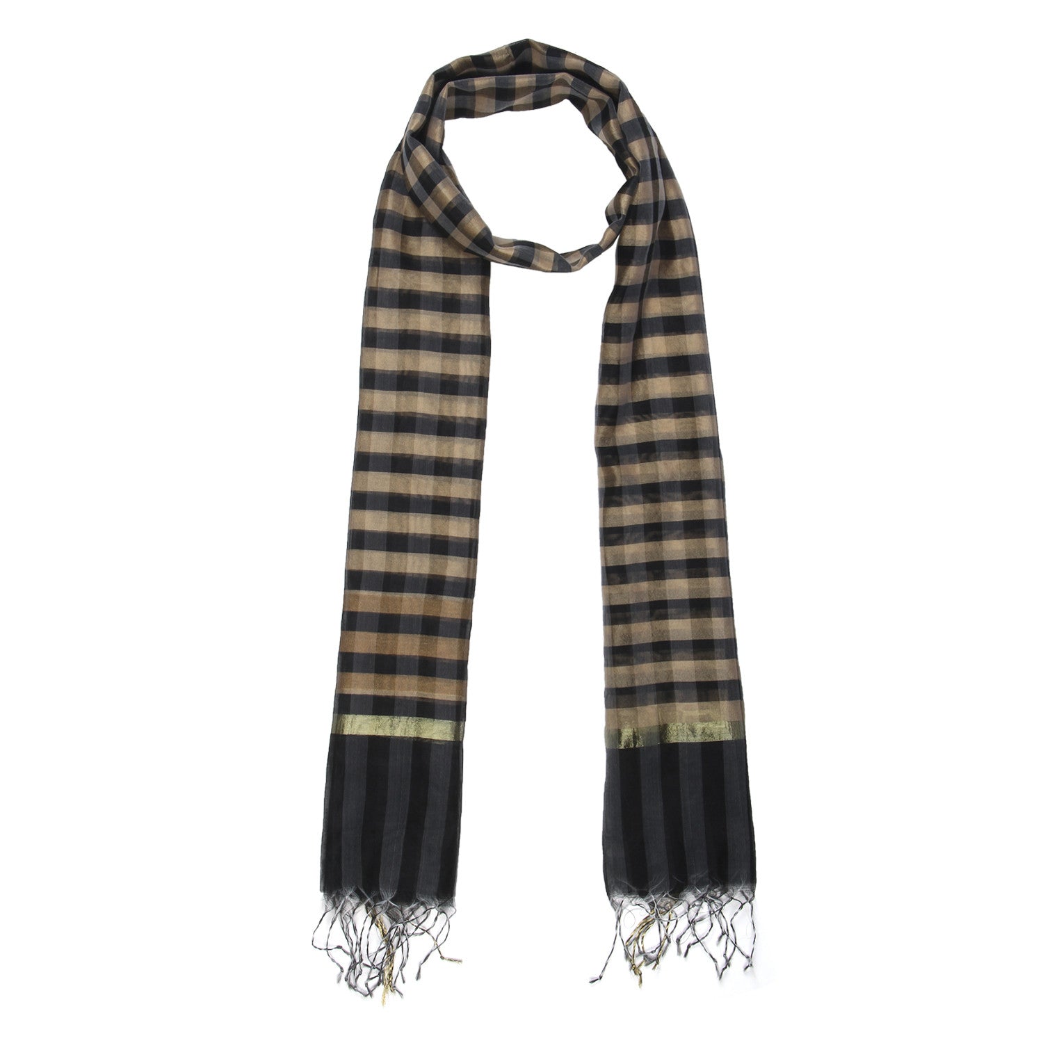 Dupatta Bazaar Women's Checkered Black & Gold Silk Dupatta - Dupatta Bazaar