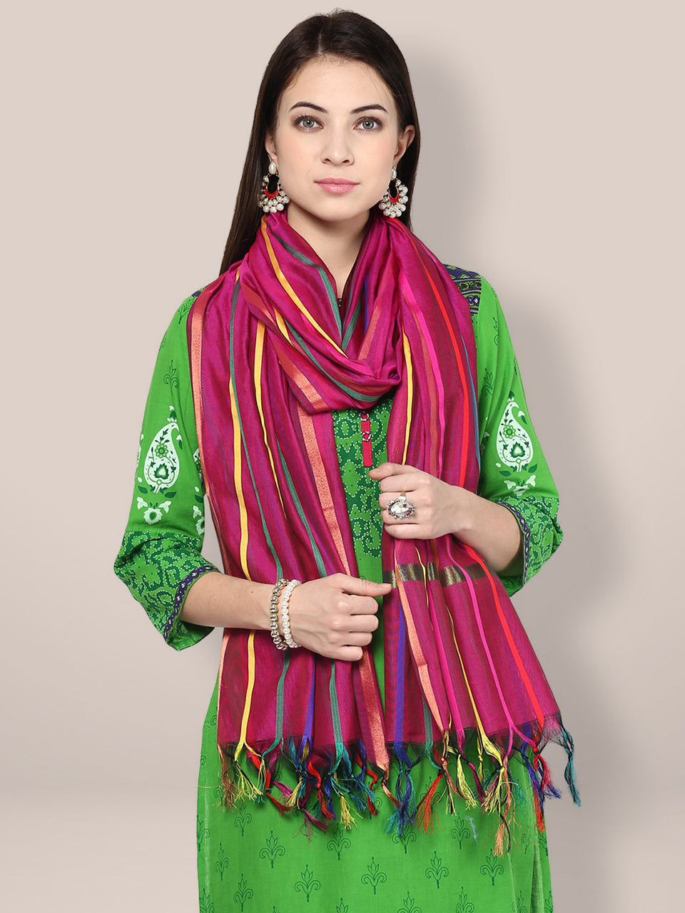 Magenta Cotton Silk Dupatta With Multicoloured Stripes freeshipping - Dupatta Bazaar