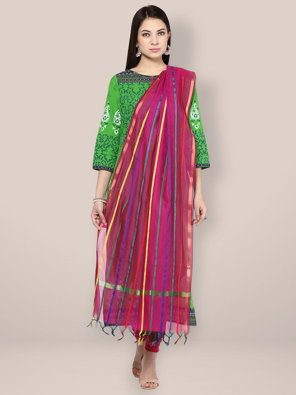 Magenta Cotton Silk Dupatta With Multicoloured Stripes freeshipping - Dupatta Bazaar