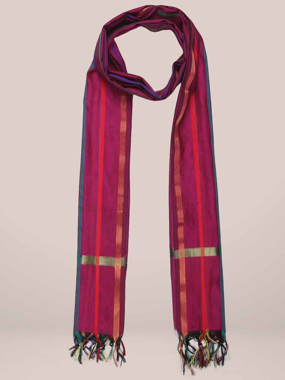 Magenta Cotton Silk Dupatta With Multicoloured Stripes freeshipping - Dupatta Bazaar