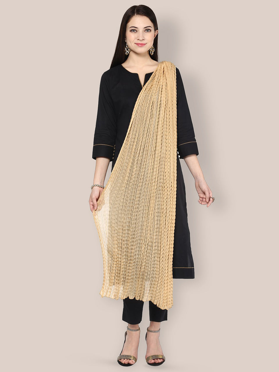 Beige Crinkled Chiffon Dupatta freeshipping - Dupatta Bazaar